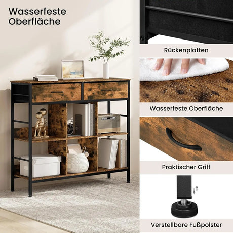 Industrieel houten boekenkast van BukkitBow met 6 open vakken en 2 laden, houtlook, stevig en stijlvol design.