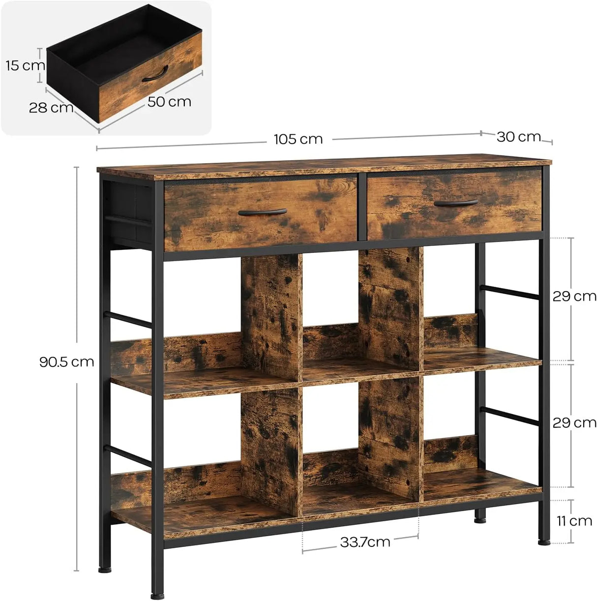Industriele houten Boekenkast van BukkitBow met 6 vakken en 2 laden, houtlook, geschikt voor woonkamer of kantoor.