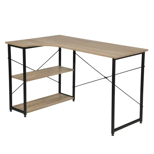Industrieel hoekbureau van BukkitBow met 2 opbergruimtes, compact ontwerp, 120x74cm, geschikt voor thuis of kantoor.