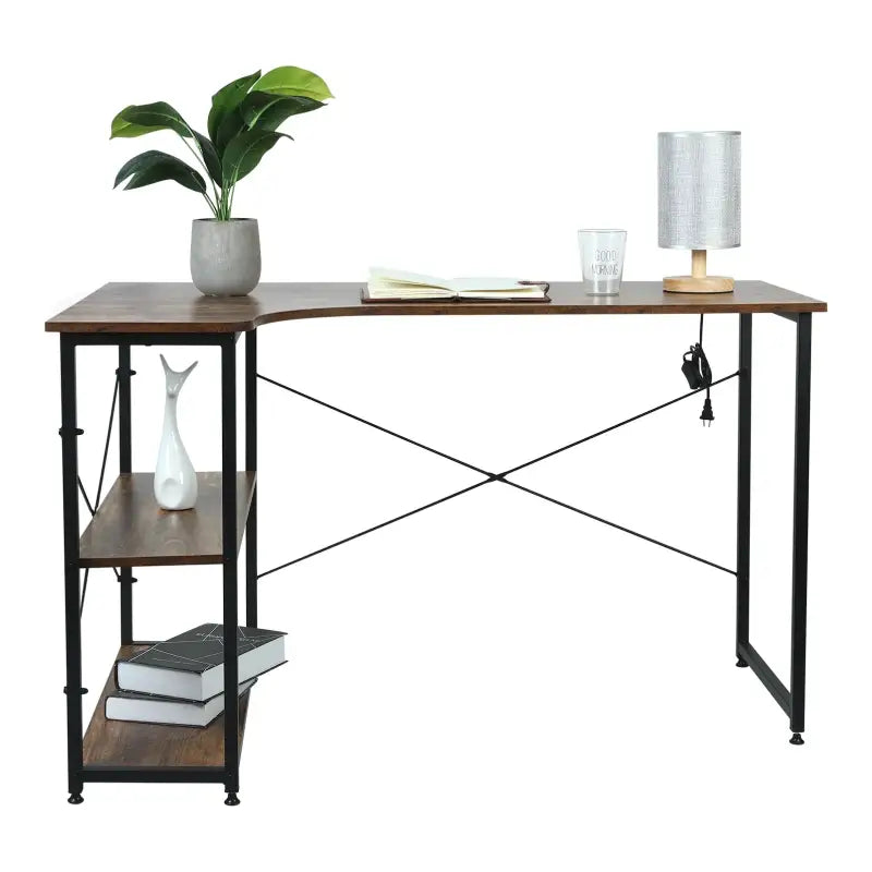 Industrieel hoekbureau BukkitBow met 2 opbergplanken, compact design, afmeting 120x74cm, ideaal voor thuis of kantoor.