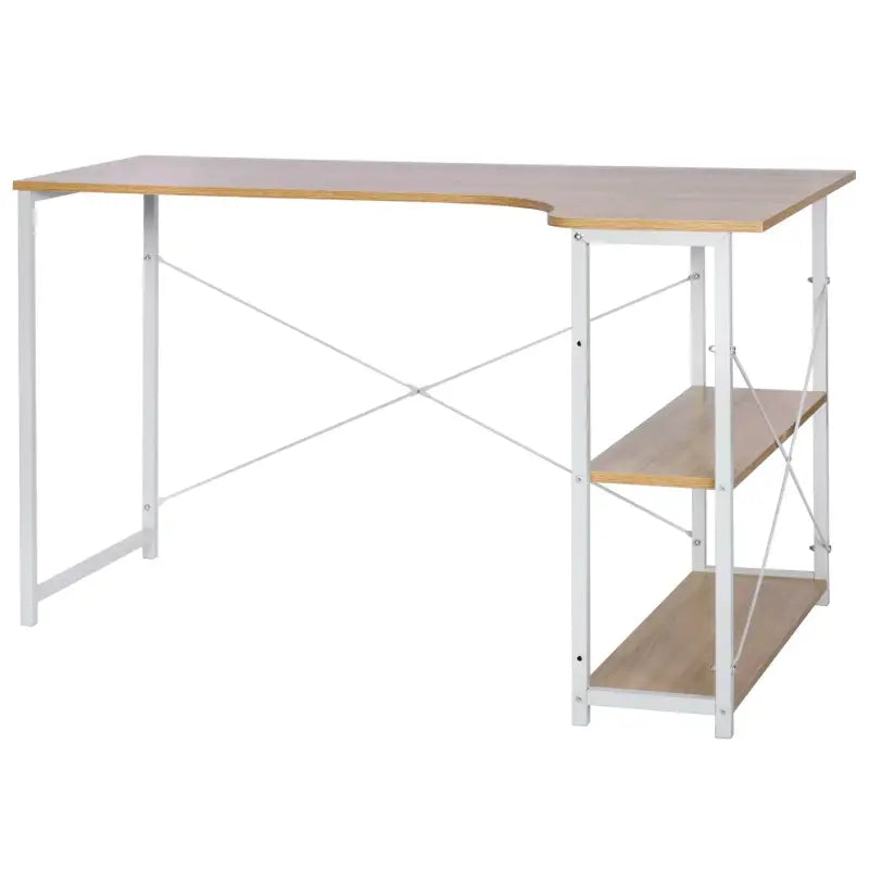 Industrieel BukkitBow hoekbureau van 120x74cm met twee opbergplanken, compact ontwerp en robuuste afwerking.