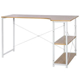 Industrieel BukkitBow hoekbureau van 120x74cm met twee opbergplanken, compact ontwerp en robuuste afwerking.