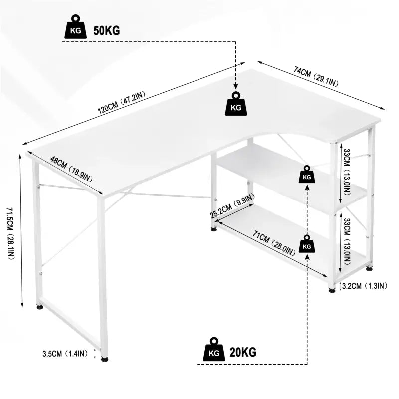 Industrieel hoekbureau van BukkitBow met 2 opbergplanken, compact ontwerp, afmetingen 120x74cm, geschikt voor kantoor of thuiswerk.