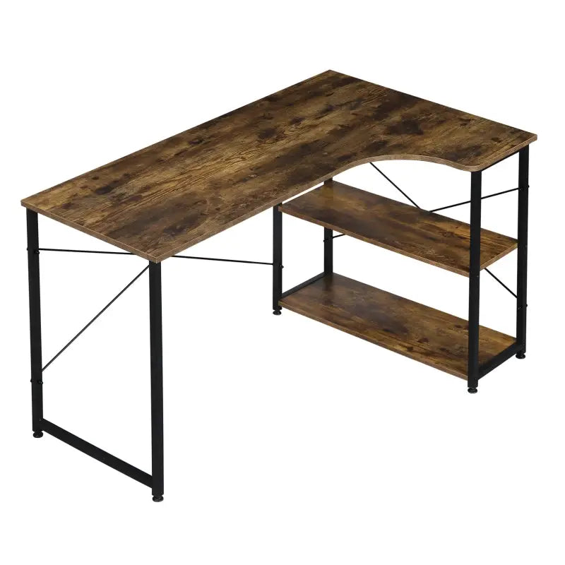 BukkitBow industrieel hoekbureau met 2 opbergruimte planken, compact design, 120x74cm, geschikt voor thuis of kantoor.
