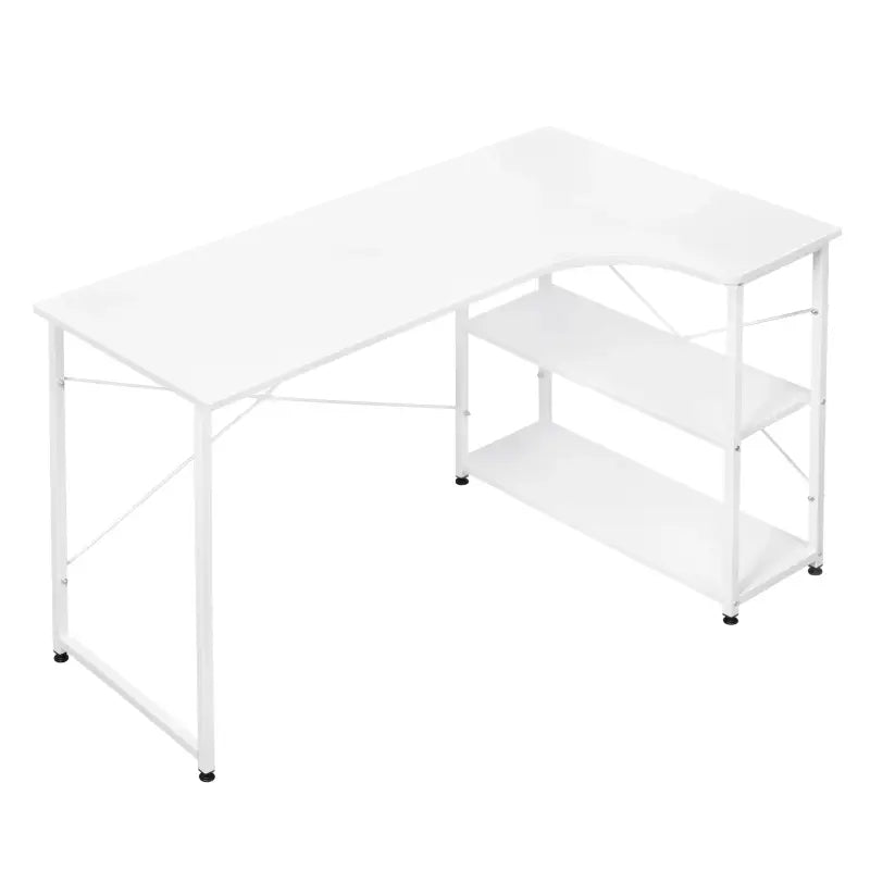 Industrieel hoekbureau van BukkitBow, compact met 2 opbergplanken, afmeting 120x74cm, ideaal voor thuis of kantoor.