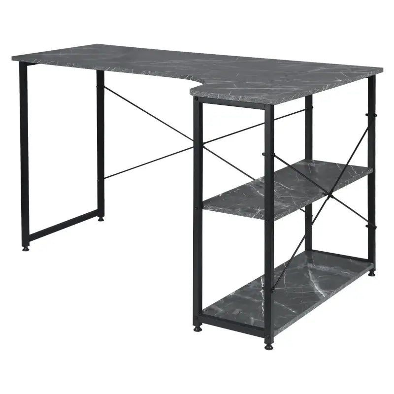 Industrieel BukkitBow hoekbureau met 2 opbergplanken, klein formaat 120x74cm, houten werkblad en zwart metalen frame.