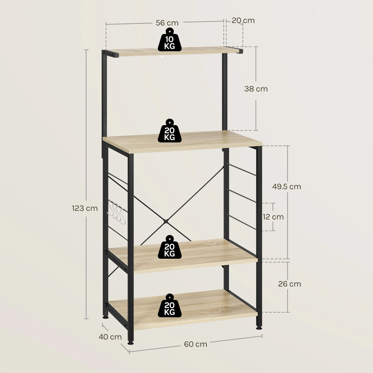 Industrieel metalen keukenrek met 4 niveaus voor magnetronkast, stevig design van BukkitBow in een moderne keuken.