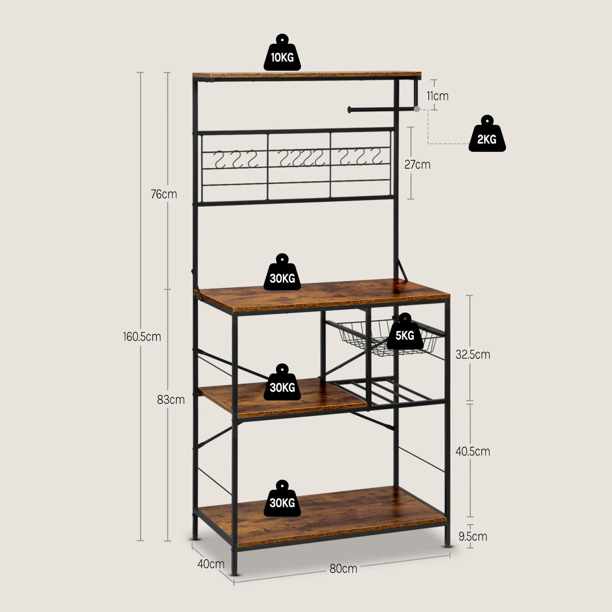 Industrieel keukenrek van BukkitBow met 5 planken en 10 haken in vintage bruine afwerking, geschikt voor keukenorganisatie.