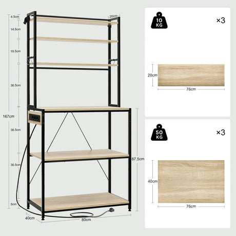 Industrieel BukkitBow keukenrek met 6 open planken en ingebouwd stopcontact, ideaal voor keukenopslag en organisatie.
