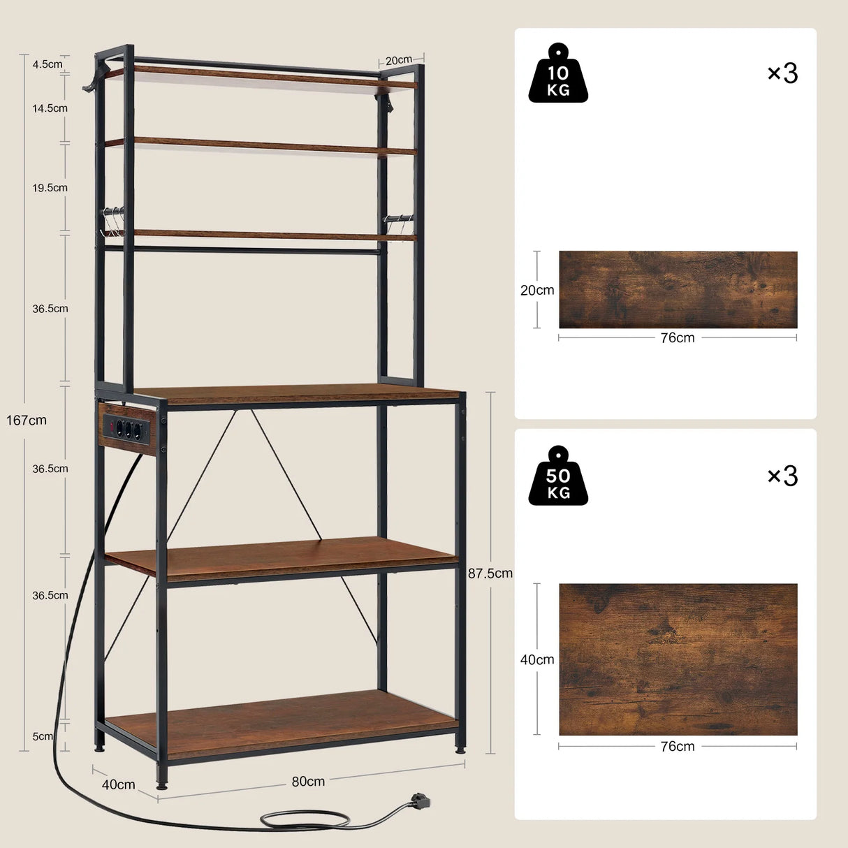 BukkitBow - Industrieel Keukenrek met Stopcontact en 6 Open Planken