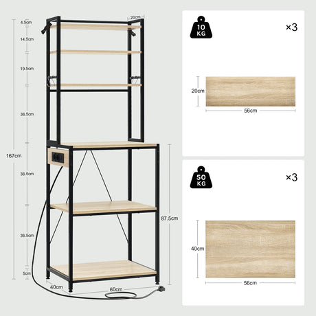 Industrieel keukenrek van BukkitBow met 6 open planken en ingebouwd stopcontact in een moderne keuken.