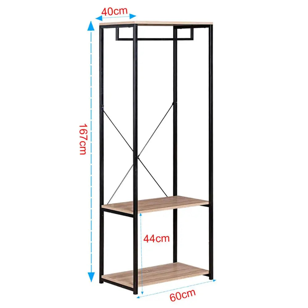 Industrieel BukkitBow kledingrek met 2 legplanken, 167 cm hoog, metalen frame en houten planken voor kledingopslag.
