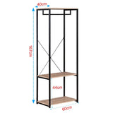 Industrieel BukkitBow kledingrek met 2 legplanken, 167 cm hoog, metalen frame en houten planken voor kledingopslag.