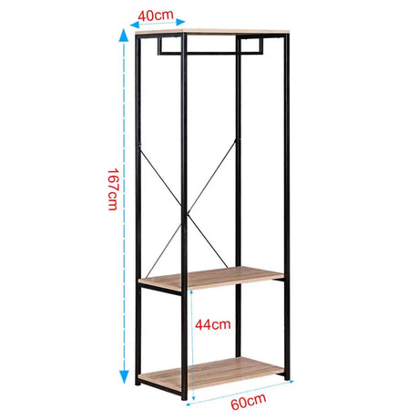 Industrieel BukkitBow kledingrek met 2 legplanken, 167 cm hoog, metalen frame en houten planken voor kledingopslag.