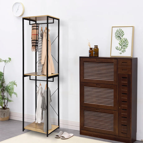 Industrieel kledingrek van BukkitBow met 2 roedes en legplanken, 213 cm hoog, geschikt voor moderne interieurs.