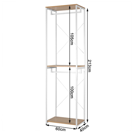 Industrieel BukkitBow kledingrek met 2 roedes en legplanken, 213 cm hoog, geschikt voor kleding en accessoires.