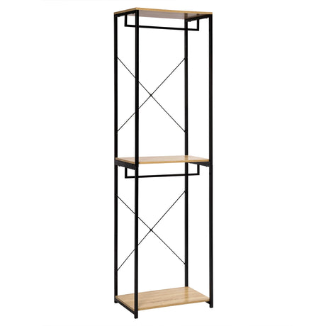Industrieel kledingrek van BukkitBow met 2 roedes en legplanken, 213 cm hoog, geschikt voor kledingopslag en display.