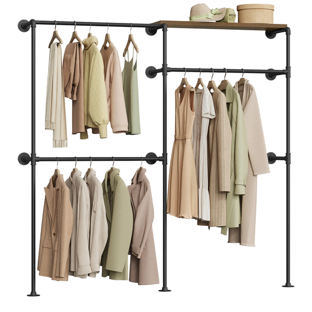 Industrieel open kledingrek van BukkitBow met wandmontage en metalen frame, geschikt voor moderne interieur- en winkelruimte.