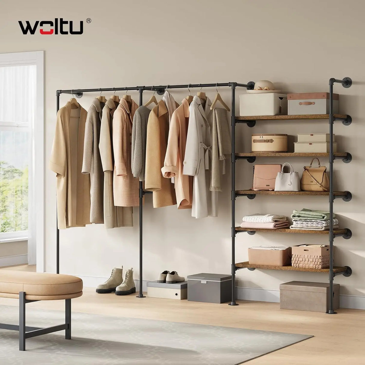 Industrieel wandmontage kledingrek van metaal van BukkitBow, open ontwerp voor kleding en accessoires
