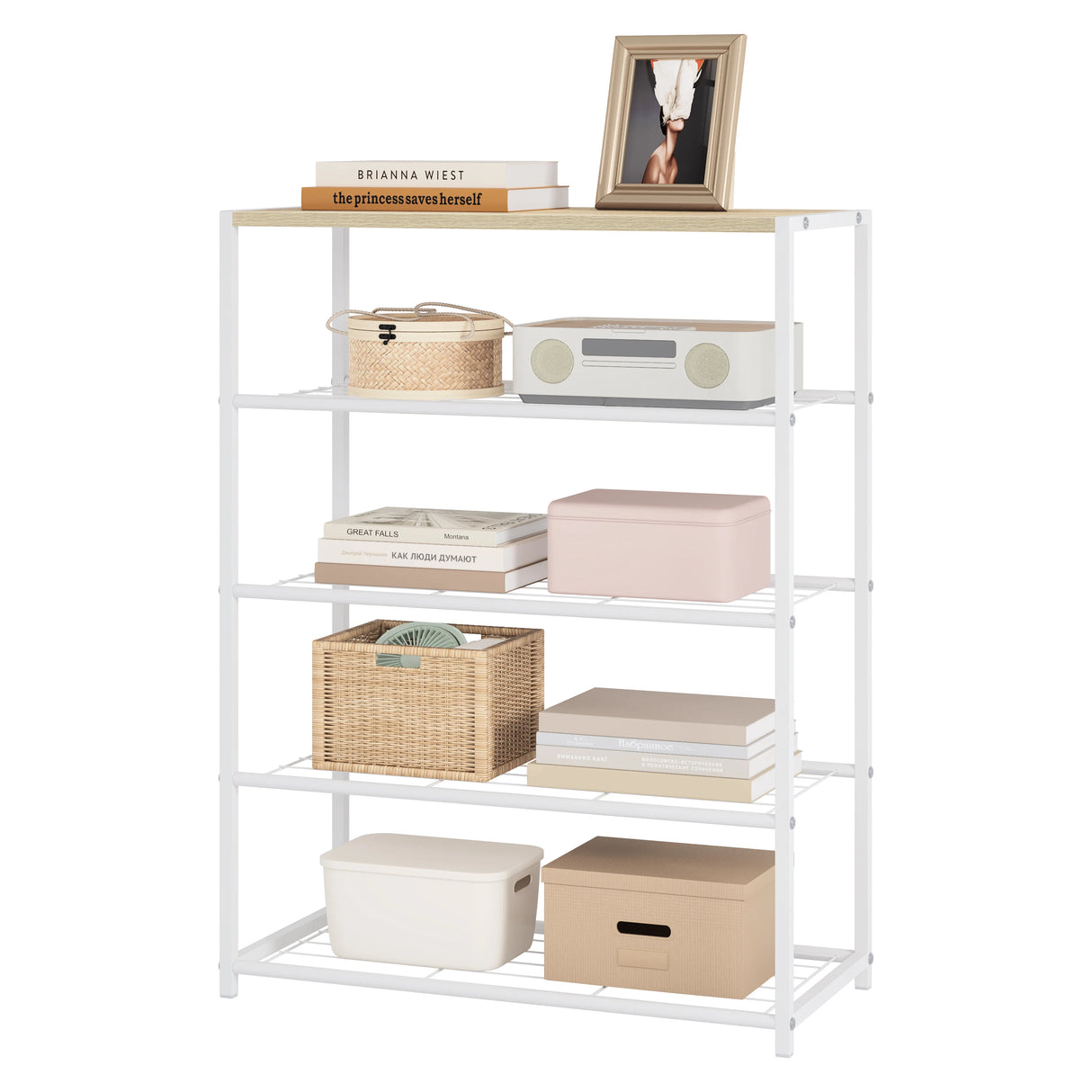 Industrieel schoenenrek van BukkitBow met houtlook bovenblad en metalen frame, geschikt voor het organiseren van schoenen.