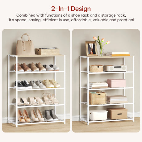Industrieel schoenenrek van BukkitBow met houten bovenblad en metalen frame, geschikt voor het organiseren van schoenen in een moderne stijl.