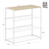 Industrieel schoenenrek van BukkitBow met houten bovenblad en metalen frame voor een stoere uitstraling.
