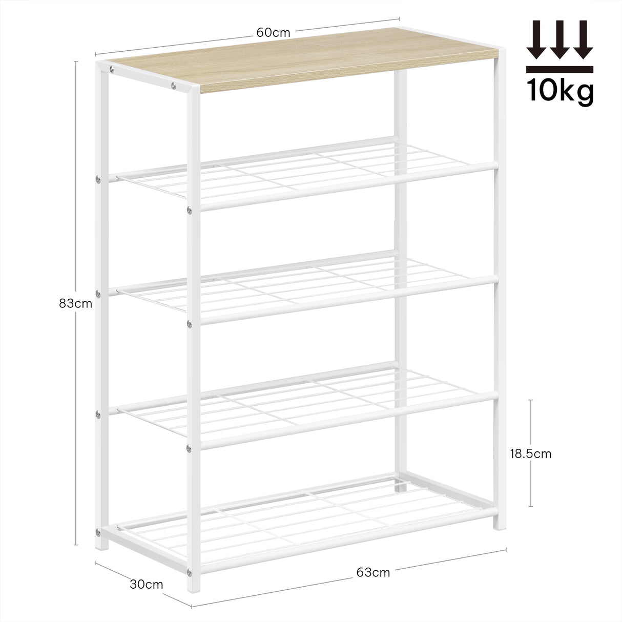 Industrieel schoenenrek van BukkitBow met houten bovenblad en metalen frame, geschikt voor schoenen en accessoires.