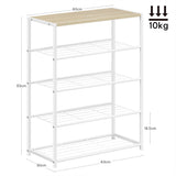 Industrieel schoenenrek van BukkitBow met houten bovenblad en metalen frame, geschikt voor schoenen en accessoires.
