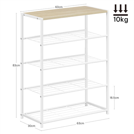 Industrieel schoenenrek van BukkitBow met houten bovenblad en metalen frame, geschikt voor het organiseren van schoenen.
