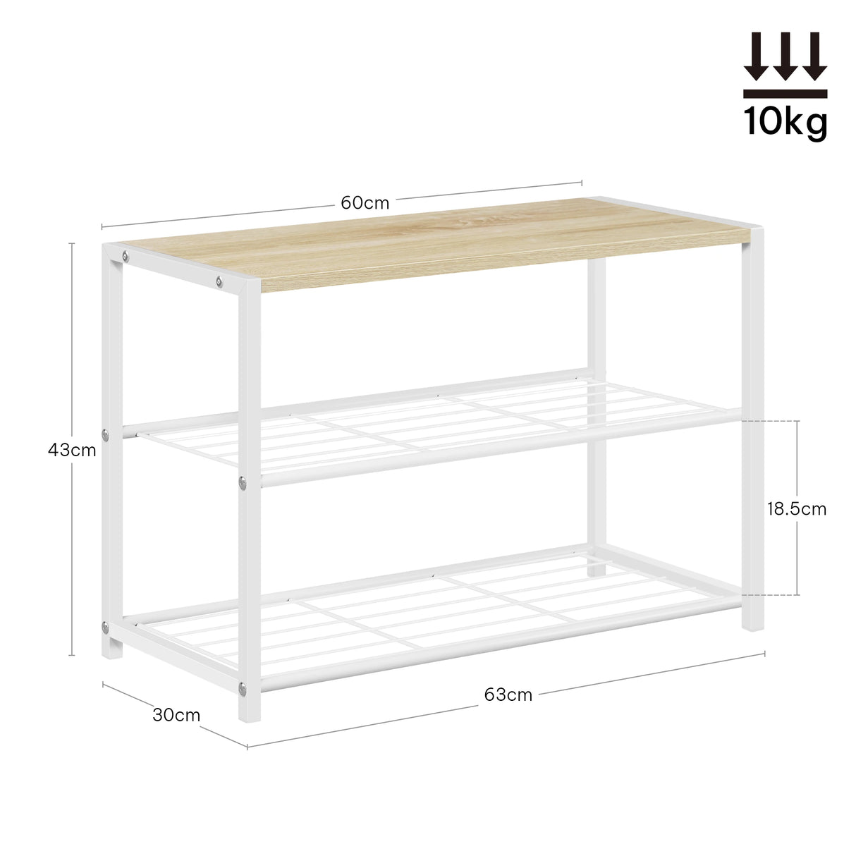 Industrieel schoenenrek van BukkitBow met houten bovenblad en metalen frame, geschikt voor het organiseren van schoenen.