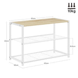 Industrieel schoenenrek van BukkitBow met houten bovenblad en metalen frame, geschikt voor het organiseren van schoenen.