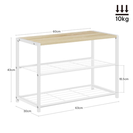 Industrieel schoenenrek van BukkitBow met houten bovenblad en metalen frame, geschikt voor schoenen en accessoires.
