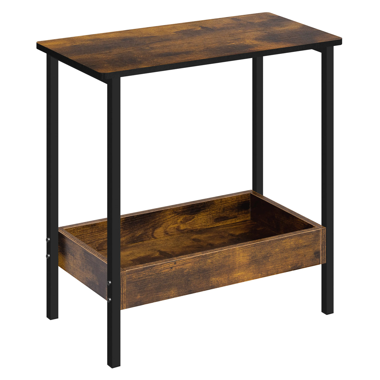 Industriële BukkitBow bijzettafel met twee niveaus en opstaande rand, zwart metalen frame en houten bladen, modern en functioneel.