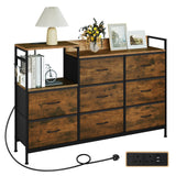 BukkitBow industriële commode met 8 laden en ingebouwd stopcontact, modern dressoir in zwart met houten details