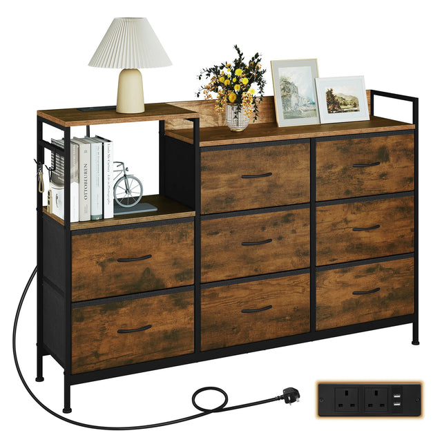 BukkitBow industriële commode met 8 laden en ingebouwd stopcontact, modern dressoir in zwart met houten details
