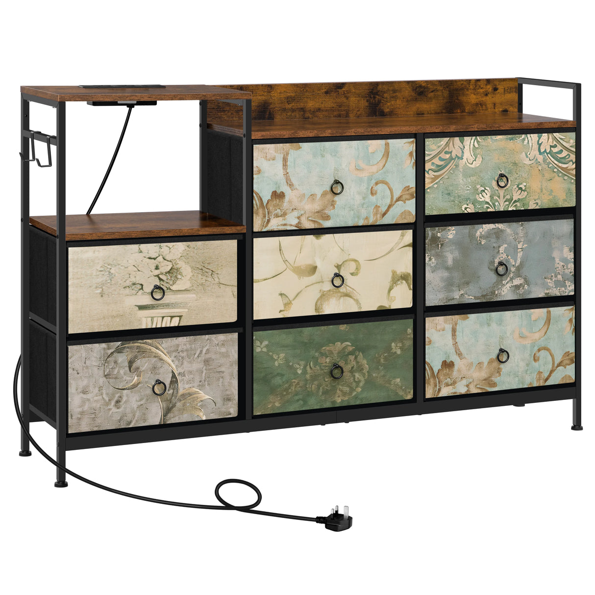 Industriële BukkitBow commode met 8 laden, ingebouwd stopcontact en houten afwerking voor een stoer interieur.