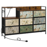 Industriële BukkitBow commode met 8 laden, ingebouwd stopcontact en houten afwerking voor een stoer interieur.