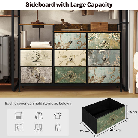 Industriële BukkitBow commode met 8 laden en ingebouwd stopcontact, stevig dressoir met metalen handgrepen en houten afwerking.