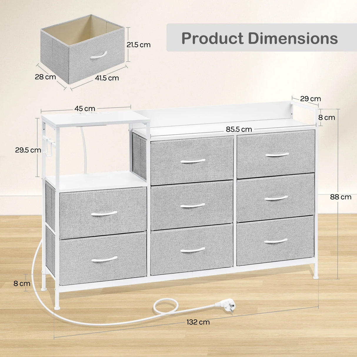 BukkitBow industriële commode met 8 laden en ingebouwd stopcontact, modern dressoir in metalen en houtlook.