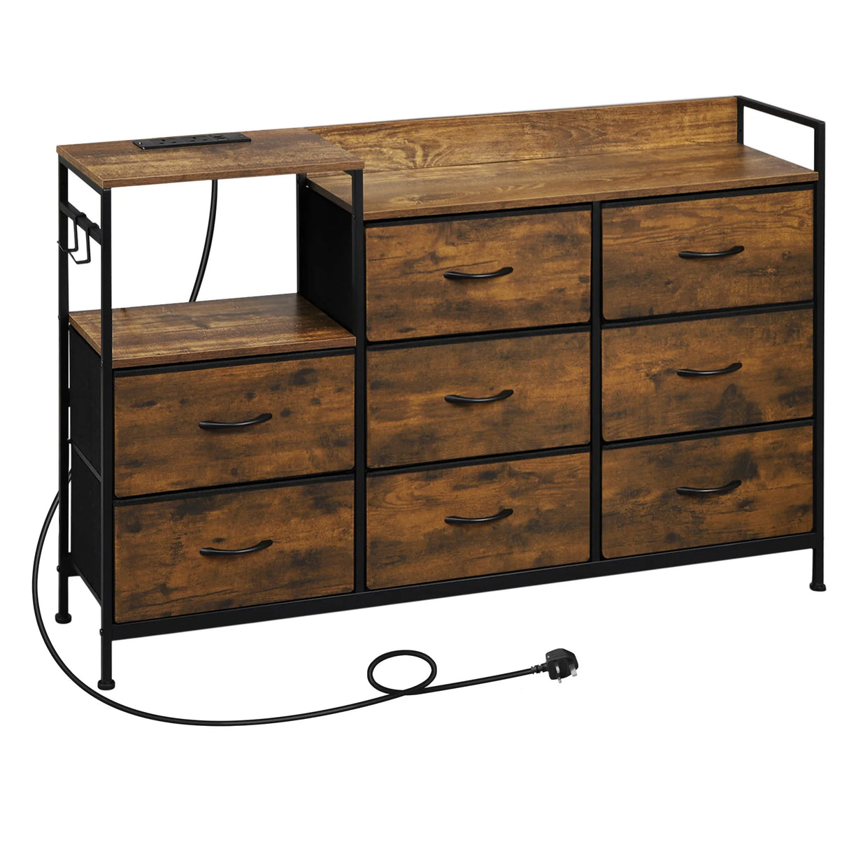 Industriële BukkitBow commode met 8 laden en ingebouwd stopcontact, houten dressoir met metalen handgrepen.