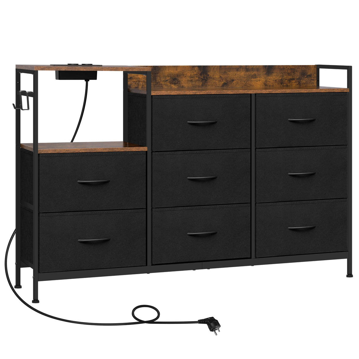 Industriële BukkitBow dressoir met 8 laden en ingebouwd stopcontact, gemaakt van hout en met metalen details, voor stijlvolle opbergruimte