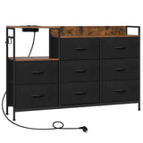 Industriële BukkitBow dressoir met 8 laden en ingebouwd stopcontact, gemaakt van hout en met metalen details, voor stijlvolle opbergruimte