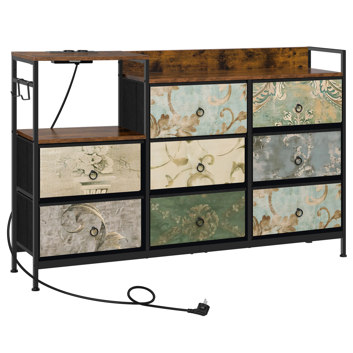 Industriële BukkitBow commode met 8 laden en ingebouwd stopcontact, zwart metalen frame en houten details, modern dressoir.