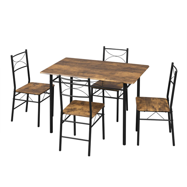 BukkitBow industriële eethoek set met tafel en 4 stoelen, compact design, houten tafel en metalen stoelen in een moderne eetruimte