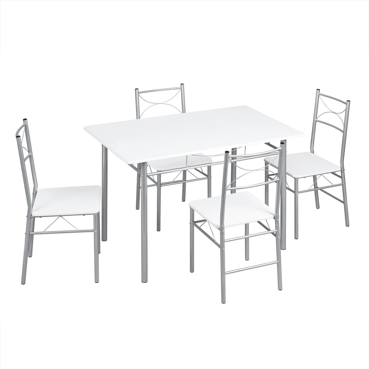 BukkitBow industriële eethoek set met tafel en 4 stoelen, compact design, moderne hout en metaal afwerking, perfecte eetruimte.