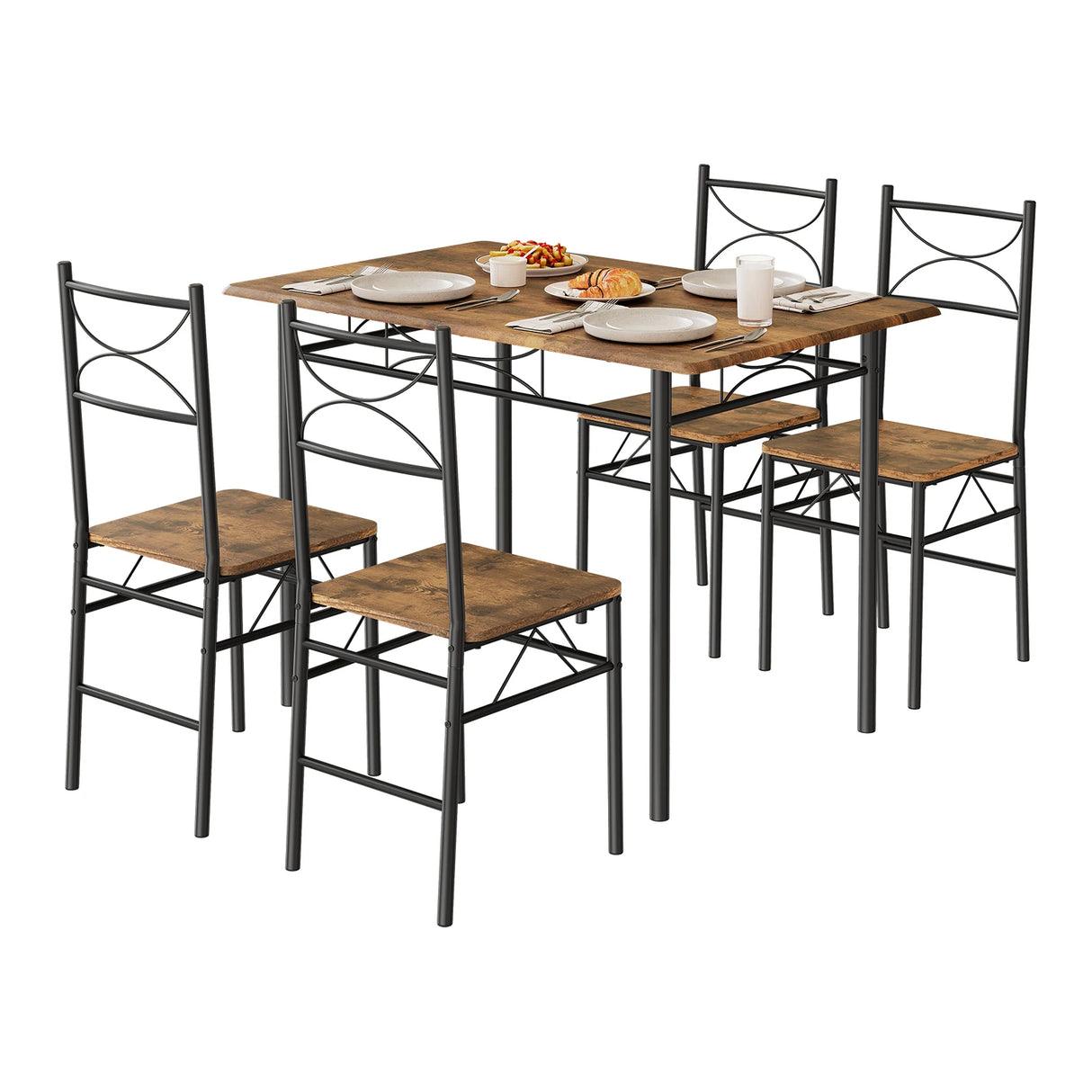 BukkitBow industriële eethoek met tafel en 4 stoelen, compact ontwerp, houten tafel en metalen stoelen voor moderne eetruimte