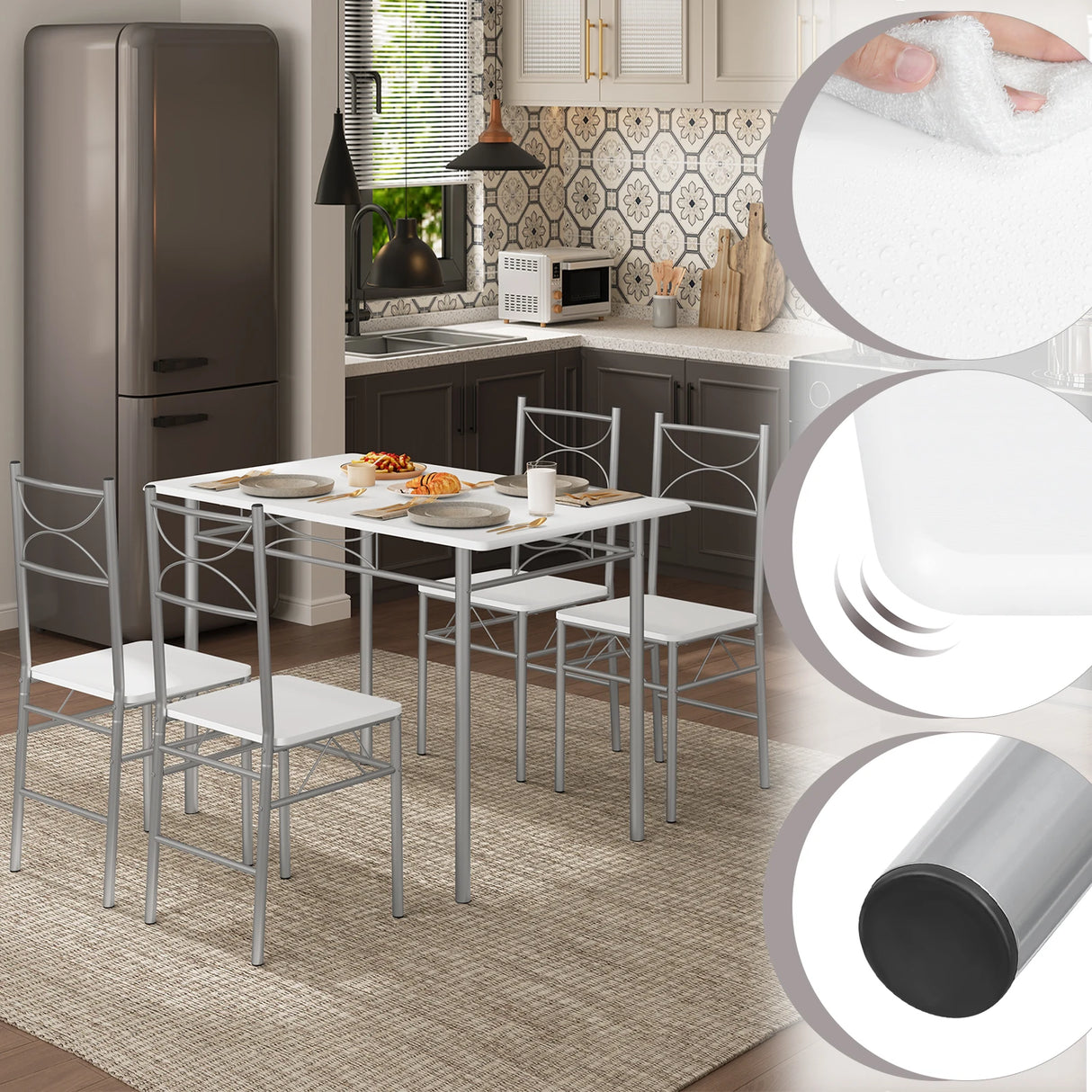 BukkitBow industriële eethoek set met houten tafel en 4 stoelen, compact ontwerp, modern uitstraling, perfect voor eetruimte.