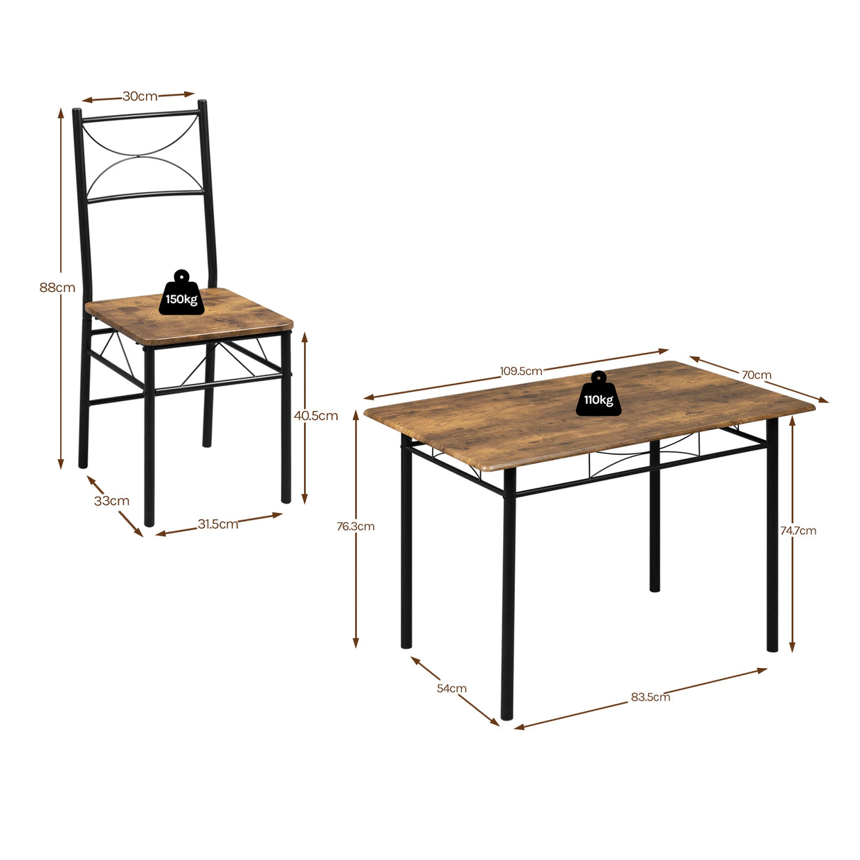 Industriële BukkitBow eethoek set met tafel en 4 stoelen, compact design, moderne houten afwerking en stevige constructie