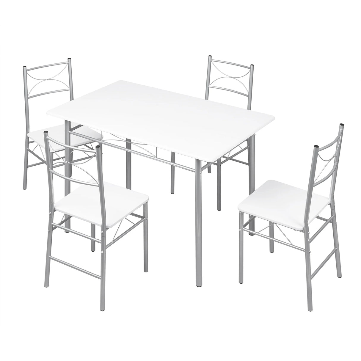 Industriële eethoek van BukkitBow met houten tafel en vier bijpassende stoelen in compact design.