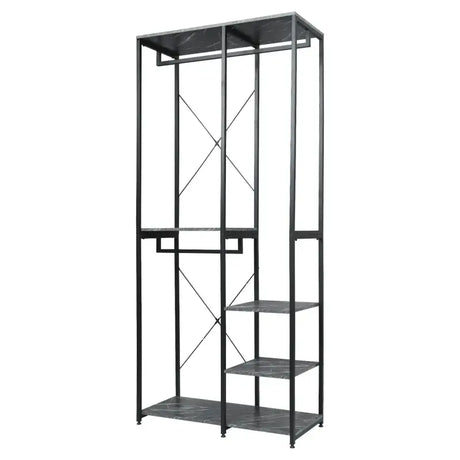 Industriële BukkitBow kledingrek met grote opslag, verstelbare anti-slip pootjes en afmetingen 90x40x213 cm, stevig en betrouwbaar.